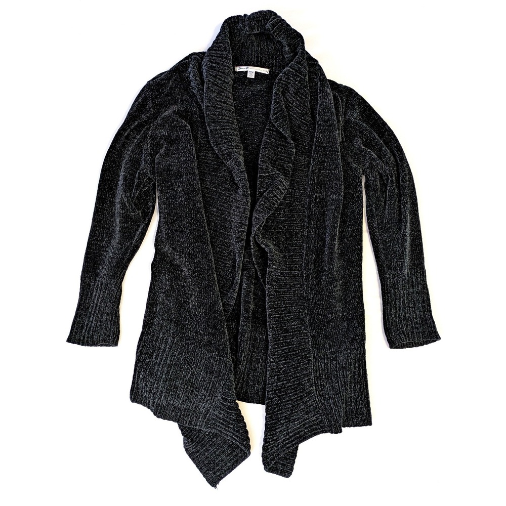 Seven7 Womens Chenille Cardigan Sweater Black Open Front Shawl Collar 7M7489 M